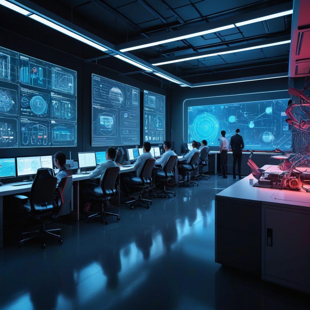 A futuristic engineering lab filled with advanced technology and innovative prototypes, featuring a diverse group of engineers collaborating over blueprints and 3D models. Bright screens display data analytics and AI simulations, while holographic interfaces project engineering innovations. The setting exudes a sense of creativity and transformation in technology. cyberpunk. vibrant colors. 3D.