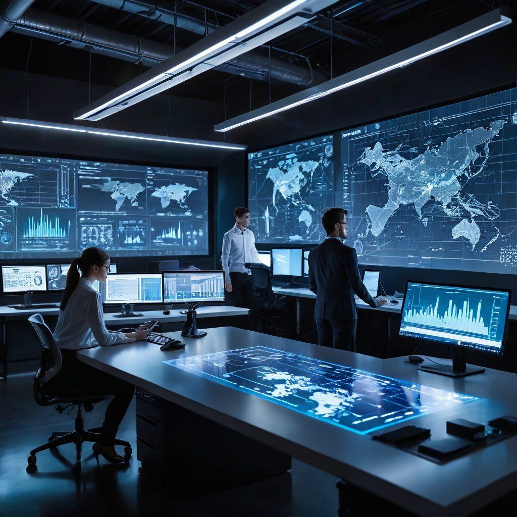 A futuristic engineering workspace featuring diverse professionals collaborating on sleek holographic designs and blueprints. Show advanced machinery and robotics in the background, illuminated by soft, ambient lighting. Include floating screens displaying graphs and engineering data, symbolizing innovation and problem-solving. Emphasize a sense of teamwork and cutting-edge technology. digital art. vibrant colors. 3D.