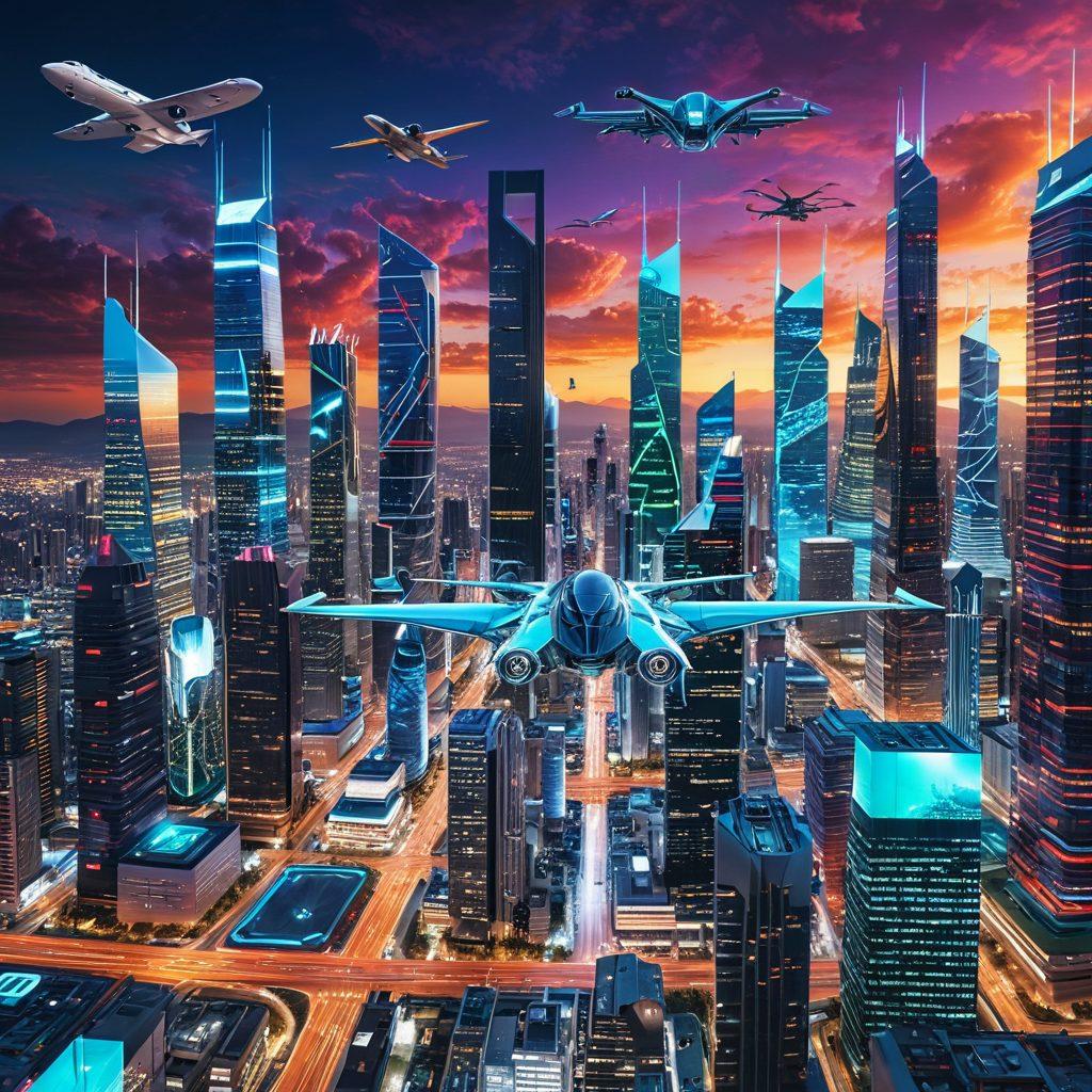 A stunning collage showcasing groundbreaking engineering innovations: a futuristic city skyline with flying vehicles, advanced robotics in action, engineers collaborating over blueprints, and a glowing circuit board in the foreground. Incorporate vibrant colors to emphasize the excitement and dynamism of technology. super-realistic. vibrant colors. 3D.